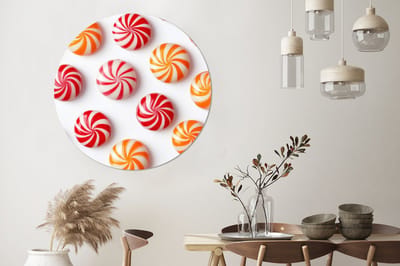 WallCircle - Wandcirkel - Muurcirkel - Snoep - Patroon - Rood - Oranje - Aluminium - Dibond - 140x140 cm - Binnen en Buiten
