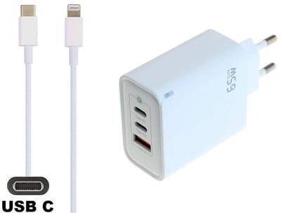 OneOne 65W super snellader met 3 poorten. Oplader met sterke 0,95m USB C naar Lightning kabel. PPS GaN PD lader adapter past op Apple iPhone SE 2, iPhone 8, iPhone 8 Plus, iPhone 10, iPhone X, iPhone XR, iPhone XS, iPhone XS Max, iPhone 11