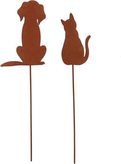 Tuindecoratie Hond Kat - Decoratieve Stekers - Tuin Terras Balkon - Roestlook Metaal - Bruin