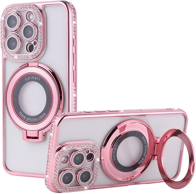 Hoesje Geschikt voor iPhone 16 Magsafe hoesje Rose Goud - Lens beschermer ring Luxury Bling Sparkly Diamond backcover