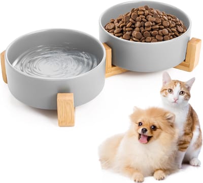 Dubbele keramische hondenvoerbak met bamboe standaard en antislipmat voor kleine en middelgrote honden, verhoogde eetbak voor optimaal comfort