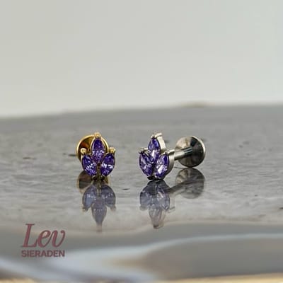 Lev Sieraden - 1.2 x 8 mm Titanium Push Pin Labret piercing - Goud - Triple Marquise cut Zirkonia - Amethist kleurig