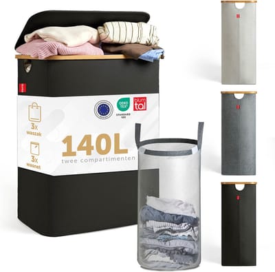 Blumtal Wasmand 140L - Wasmand met 2 uitneembare waszakkken - Wasmand met 2 vakken - Smalle wasmand - Flesverzamelaar - Wasmand met deksel - Zwart