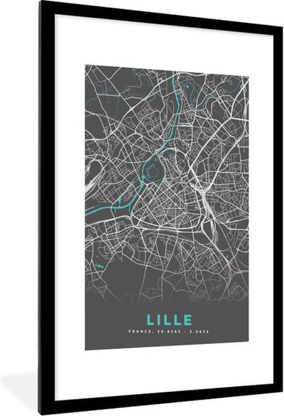Fotolijst incl. Poster - Frankrijk - Lille - Plattegrond - Kaart - Stadskaart - 60x90 cm - Posterlijst