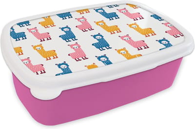 Broodtrommel Roze - Lunchbox - Brooddoos - Lama - Dieren - Patronen - Roze - Blauw - 18x12x6 cm - Kinderen - Meisje