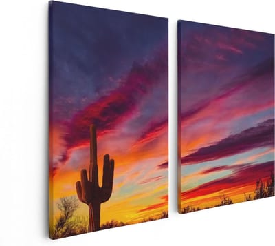 Artaza Canvas Schilderij Tweeluik Cactus bij Oranje Zonsondergang - 80x60 - Foto Op Canvas - Canvas Print