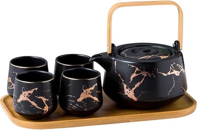 Japanse Keramische Theeset met 4 Kopjes en Houten Dienblad - Elegant Thee Servies