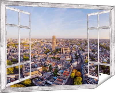 Gards Tuinposter Doorkijk Utrecht vanuit de Lucht - 150x100 cm - Tuindoek - Tuindecoratie - Wanddecoratie buiten - Tuinschilderij