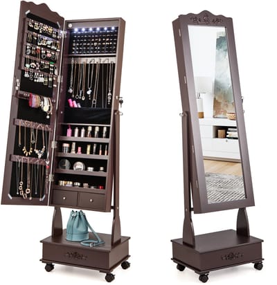 COSTWAY Sieradenkast met spiegel, led-sieradenspiegelkast met lade, sieradenorganizer, afsluitbaar, op wieltjes, ideaal voor opslag en make-up