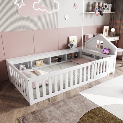 REDOM ledikant 90x200 cm – Wit, dakvormig hoofdeinde – Met opbergvakken en deurtjes – Massief hout