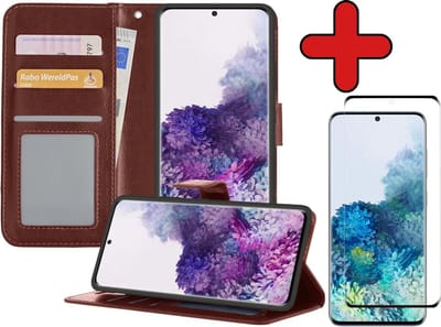 Hoesje - Met Screenprotector - Geschikt voor Samsung Galaxy S20 - Luxe Pasjeshouder - Flipcase - Bookcase Portemonee - Flip Case - Kunstleer Book Case - Book Cover - Walletcase - Portemonneehoes - Telefoonhoes - Bruin