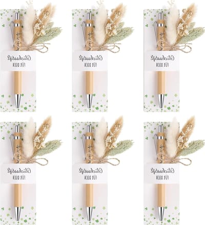 Cadeauset met Houten Balpen en Gravering, Boeket van Echte Gedroogde Bloemen, Papieren Penhouder voor Afscheidscadeau aan Leraar, Collega of Vriend (6 Sets)