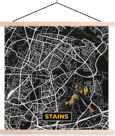 Posterhanger incl. Poster 40x40 cm - Schoolplaat - Kaart - Frankrijk - Stadskaart - Plattegrond - Stains - Textielposter - Blanke latten - Stadskaart