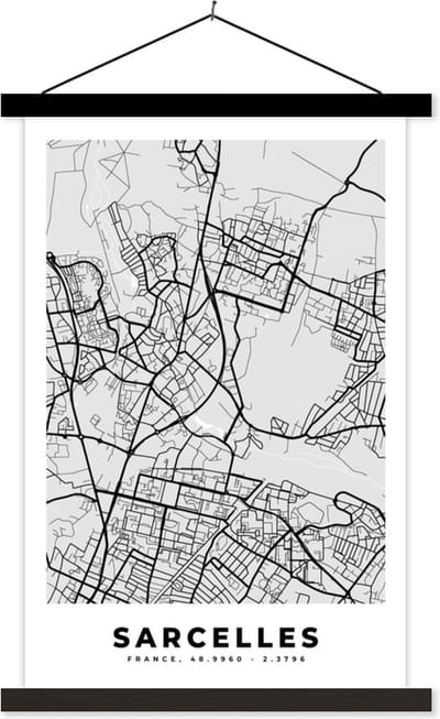 Posterhanger incl. Poster 40x60 cm - Schoolplaat - Plattegrond - Sarcelles - Stadskaart - Kaart - Frankrijk - Textielposter - Zwarte latten - Stadskaart