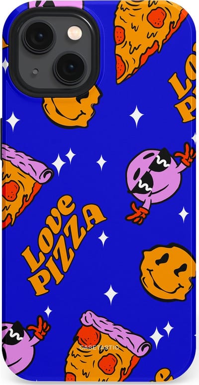 Casetastic hoesje geschikt voor Apple iPhone 13 - MagSafe - Dubbellaagse bescherming - Funky Pizza - Fashion Case - Paars Okergeel Donkerblauw Bruin
