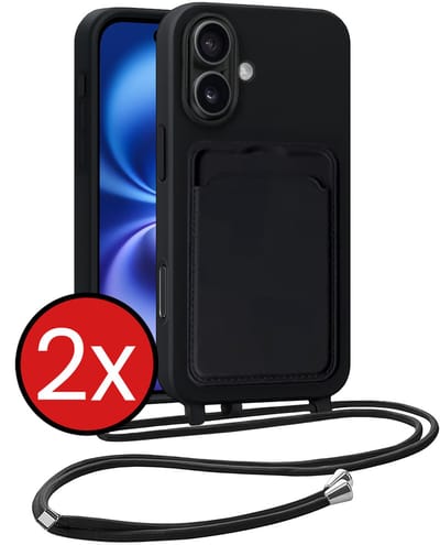 Hoesje Geschikt voor iPhone 16 Plus Hoesje Met Telefoonkoord en Pasjeshouder Siliconen - Hoes Geschikt voor iPhone 16 Plus Hoesje Met Kaarthouder Case - Zwart - 2 PACK