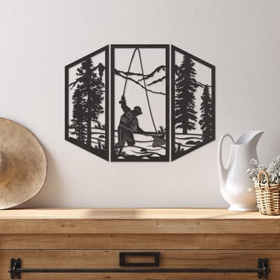 Wanddecoratie Visser - Muurdecoratie Vissen - Muurdecoratie Hout - Wanddecoratie Hout - Muurdecoratie Woonkamer - Wanddecoratie Woonkamer - Wanddecoratie Industrieel - Wanddecoratie Dieren - Home Decor - Wall Line Art - 37 x 29 cm