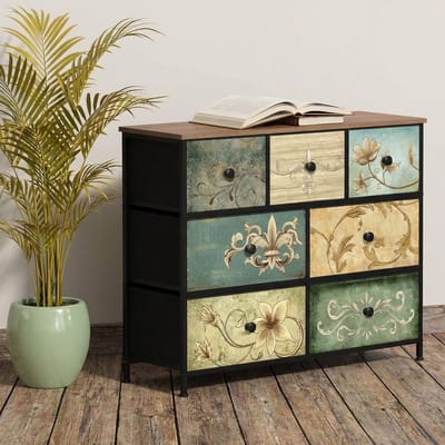 TRANKIELO® - Boheemse slaapkamercommode met 7 stoffen laden – Stijlvol metalen frame – Ideaal voor woonkamer en kinderkamer