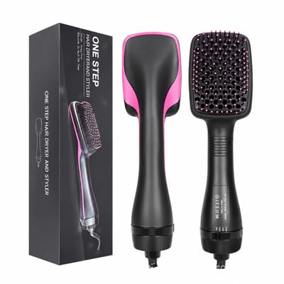 Heteluchtborstel met vierkante borstel - 3-in-1 voor drogen, krullen en steilen - roze - geschenkverpakking