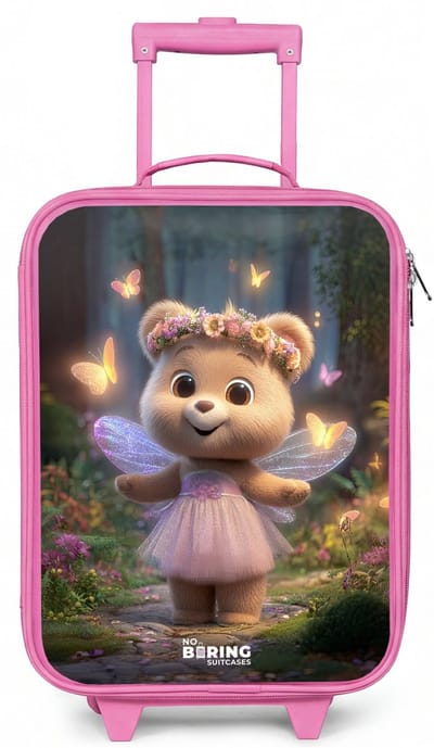NoBoringSuitcases.com® - Kinderkoffer roze - Kindertrolley meisje - Beer - Vlinders - Bos - Fairy - Koffer kind lichtgewicht - Reiskoffer trolley voor kinderen - Koffertje met lichtgevende wieltjes - Rolkoffer