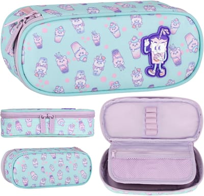 Bubble Tea Schooletui met vakken, ovaal etui voor meisjes 6x22x10cm