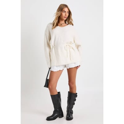 boohoo Dames Tie Waist Detail Slouchy V-Hals Trui | Cream | Maat: Small