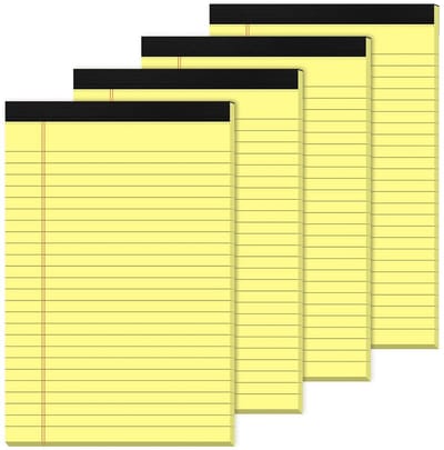 Gele juridische pads 5 × 8 inch – 4 stuks – college gelijnd – 25 lijnen – 80 g/m² papier – geperforeerde schrijfblokken – kleine notitieblokken