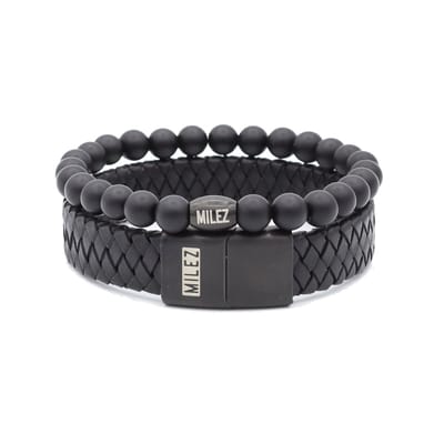 Milez - Armband set mannen - armband heren leer kralen - Zwart - Maat S