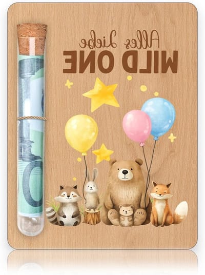Houten geldcadeau voor 1e verjaardag jongen met testbuizen - Uniek en creatief geschenk voor baby's eerste feest