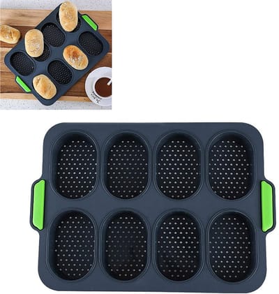 1 stuk mini-baguettebakvorm met 8 holtes - antiaanbaklaag van siliconen voor eenvoudig losmaken - Franse broodvorm - ovale broodvorm - totale afmetingen ca. 23,8 x 34,5 x 2,5 cm - geschikt voor hobbybakliefhebbers en doe-het-zelvers - zwart en groen.