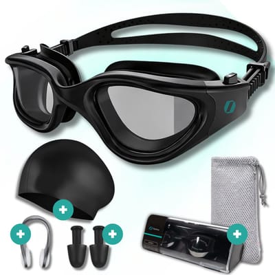 Optirise Zwembril - Inclusief Badmuts, Zwem Oordopjes & Neusklem Zwemmen - Duikbril - Unisex - Zwembril Volwassenen & Kinderen - Brillenkoker Hard Case