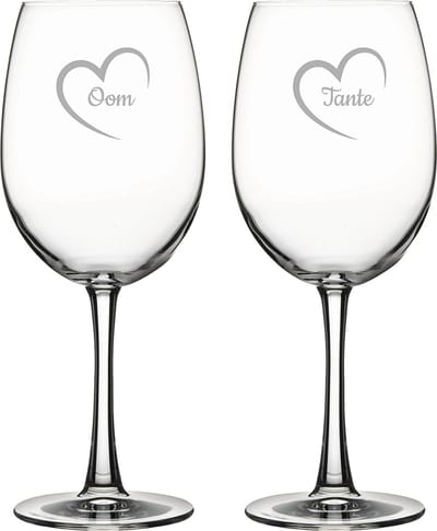 Gegraveerde Rode wijnglas 46cl Tante met hartje & Oom met hartje