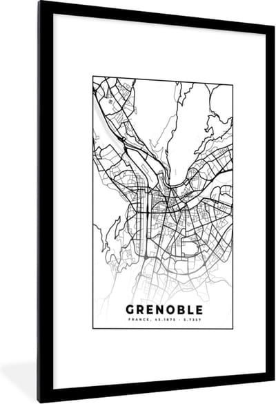 Fotolijst incl. Poster Zwart Wit- Stadskaart - Plattegrond - Grenoble - Kaart - Frankrijk - Zwart wit - 60x90 cm - Posterlijst