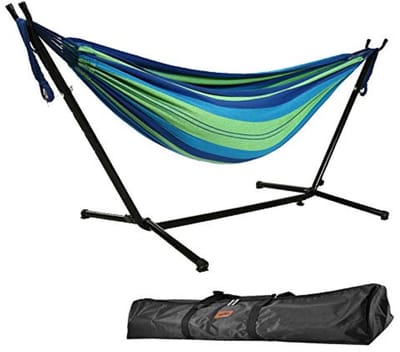 Hangmat met Standaard 275 cm - 250 kg Draagvermogen - Blauw en Groen - Binnen en Buiten - Inclusief Opbergtas
