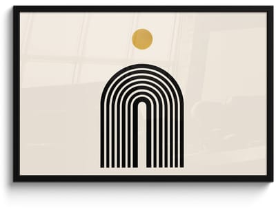 Poster in lijst - Fotolijst 90x60 cm - Posters - Minimalistisch - Zwarte boog - Gouden cirkel - Posterlijst zwart - Decoratie - Wanddecoratie woonkamer - Muurdecoratie slaapkamer