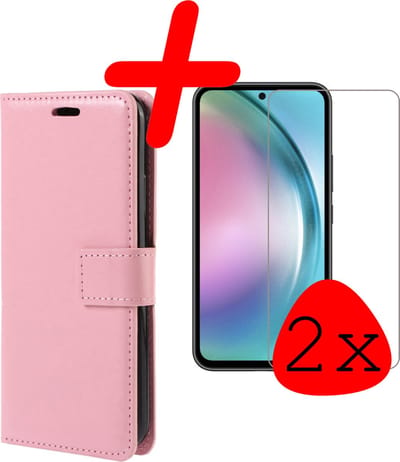 Hoesje Met 2x Screenprotector - Geschikt voor Samsung Galaxy A54 - Luxe Pasjeshouder - Bookcase Portemonee - Flip Case - Kunstleer Book Case - Flipcase Hoes - Book Cover - Walletcase - Portemonneehoes - Lichtroze
