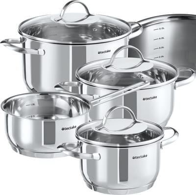tectake® 7-delige Kookpannenset Bologna - Kookpottenset - Kookpan - Steelpan - RVS Pannen - Pannenset - Geschikt voor Inductie en Gasfornuis - Kookpotten met Glazen Deksel, Stoomafvoer en Spiraalbodem - Vaatwasserbestendig