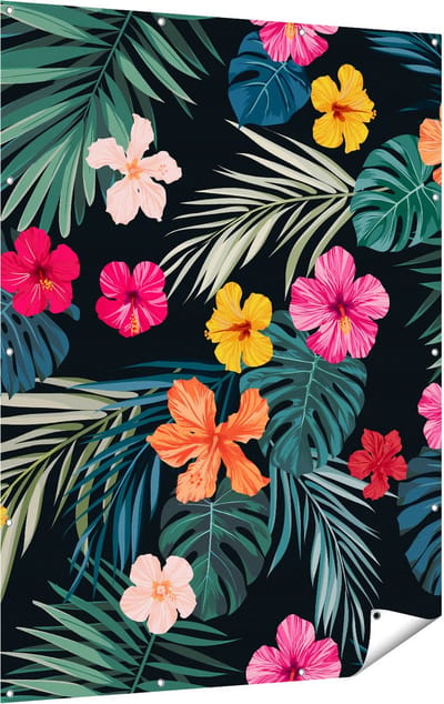 Gards Tuinposter Getekende Tropische Bloemen - Abstract - 120x160 cm - Tuindoek - Tuindecoratie - Wanddecoratie buiten - Tuinschilderij