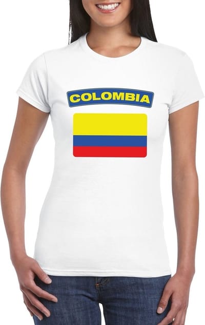 Vlag Colombia t-shirt - wit - met vlag van het land print - voor dames - korte mouwen - supporters S