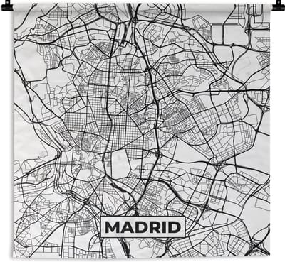Wandkleed - Wanddoek - Madrid - Zwart Wit - Stadskaart - Plattegrond - Kaart - 180x180 cm - Wandtapijt