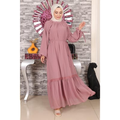 Kant Detailed Chiffon Avondjurk Oud roze