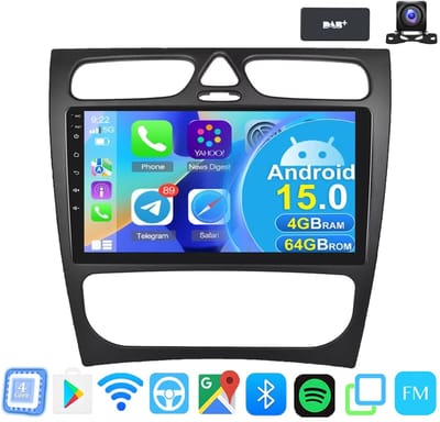 ESSGOO CarPlay autoradio geschikt voor Mercedes Benz CLK W209 C-Klasse W203 - Android 15 - 4GB + 64GB - Draadloos Apple Carplay & Android Auto - Bluetooth & Wifi GPS Navigatie - Achteruitrijcamera - DAB+