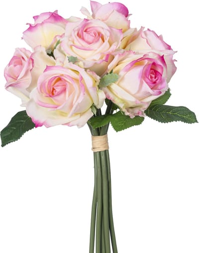 Easyplants | Kunstrozenboeket 7 Rozen Real Touch Crème/Roze 30 cm | Zijde | Nepbloemen | roze | Onderhoudsvrij | Kant-en-klaar