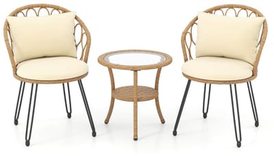 Balkonset 2 personen - Tuinset - Bistroset - Bruin + Beige - Weerbestendig - 3 delig - Tuintafel en 2 stoelen - 2 personen - Poly rattan