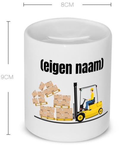 Akyol - heftruck met vallende pallet met eigen naam Spaarpot - Heftruck - mensen die werken in de magazijn - collega's - verjaardag - afscheidscadeau - geschenk - kado - 350 ML inhoud