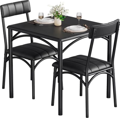 Eettafel Stoel Set 3-delig - 74 x 74 x 76 cm - Compact Ruimtebesparend Metalen Frame - Met 2 Beklede Stoelen - Kleine Eettafel voor Keuken of Eetkamer - voor Kleine Ruimtes - Zwart