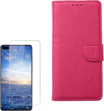 hoesje Geschikt voor: Huawei P40 Lite 5G Portemonnee roze met 2 stuks Glas Screen protector