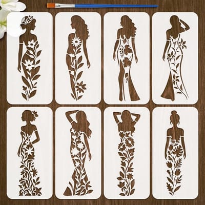 8 Stijlen Bloemen Figuren Sjablonen met Kwast 30x15cm voor Schilderen van Planten en Vrouwen op Hout en Tegels
