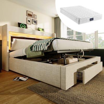 Gestoffeerd bed van 140x200 cm met hydraulische opbergruimte en hoofdbord met opbergvak, ledverlichting en USB- en USB-C-poorten, lattenbodem van hout, beige, linnen, inclusief matras.