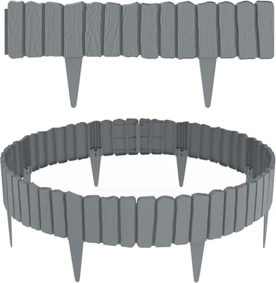 NAIZY Gazonrand 8 Stuks Kunststof 4,6m Bedrand Houtlook Tuinhek met 10cm Haringen Bedrand met Snelkoppeling Bedrand voor Tuindecoratie, Grijs